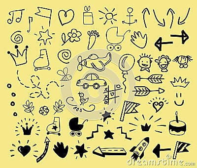 Hand drawn icons for children. Vector Illustration