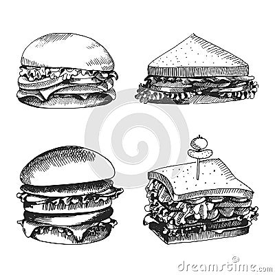 Hand drawn icons for food menu with burger and sandwich. Fast food vector. Great vintage line drawing sketch for coloring book, br Vector Illustration