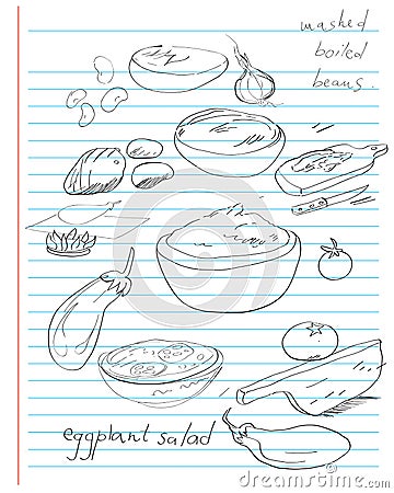 Cooking notes about eggplant salad and mashed beans Vector Illustration
