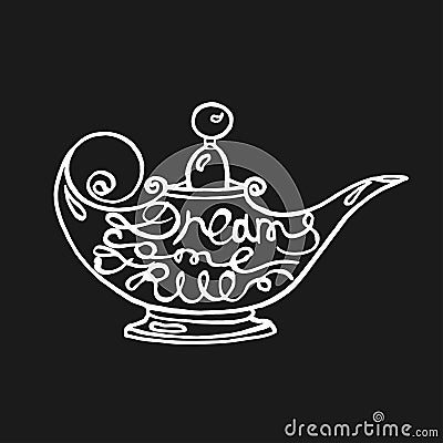 Hand drawn illustration of aladdin lamp with text dreams come true in it Vector Illustration