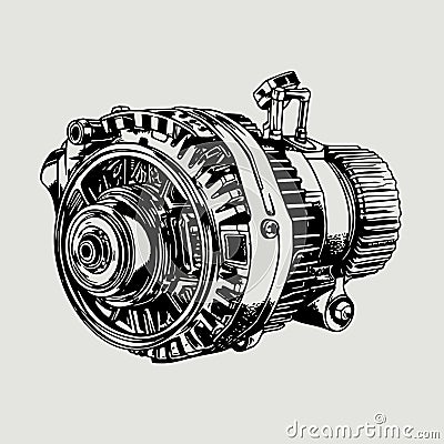 Hand drawn illustration of alternator in engraved style isolated on white background Vector Illustration