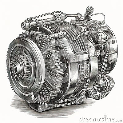 Hand drawn illustration of alternator in engraved style isolated on white background. Cartoon Illustration