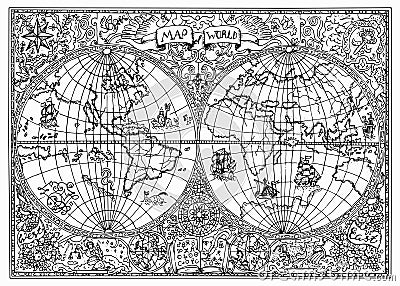 Hand drawn illustration of ancient atlas map of world with mystic symbols Vector Illustration