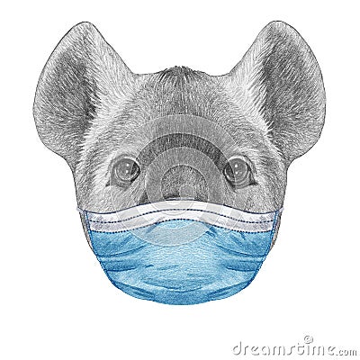 Portrait of Hyena with a face mask. Hand-drawn illustration. Cartoon Illustration