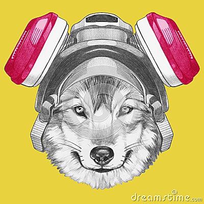 Portrait of Wolf with gas mask, hand-drawn illustration Cartoon Illustration