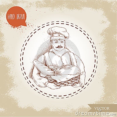 Hand drawn illustration of baker with baker basket of fresh bread. Vector Illustration