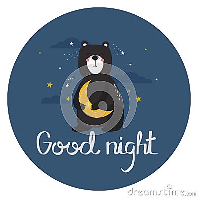 Colorful cute background with bear, moon, stars and english text. Good night. Decorative backdrop with animal, sky Vector Illustration