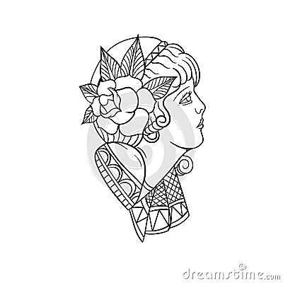 Hand drawn illustration of beautiful girl traditional tattoo outline Vector Illustration