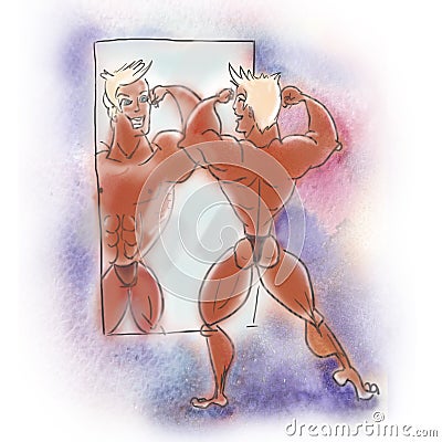 Hand drawn illustration. Bodybuilder posing in front of a mirror Cartoon Illustration