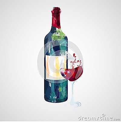 Hand drawn illustration of bottle and glass of red wine Cartoon Illustration