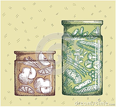 Canned fruits and vegetables. Jam with apple and lemon slices and vegetable canned assorti Vector Illustration