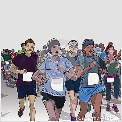 Hand drawn illustration of cheerful crowd running marathon with blank signs Vector Illustration