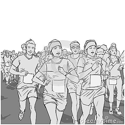 Hand drawn illustration of cheerful crowd running marathon with blank signs Vector Illustration