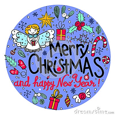 Hand-drawn round frame with Christmas elements: presents, omela, angel, holly berry, sweets, christmas balls Vector Illustration