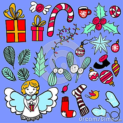 Hand-drawn Christmas elements: presents, omela, angel, holly berry, sweets, christmas balls Vector Illustration