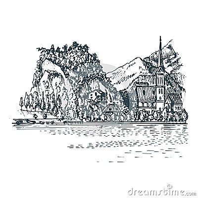 Hand drawn illustration of church on mountain lake Vector Illustration