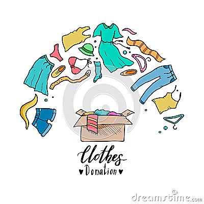 Hand drawn illustration of clothes donate, charity, care concept. Vector Illustration