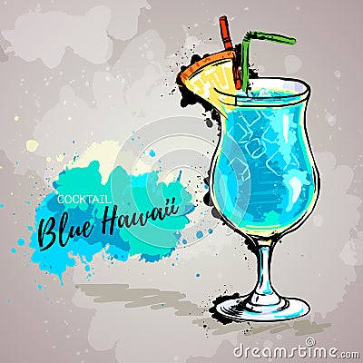 Hand drawn illustration of cocktail blue hawaii. Vector Illustration