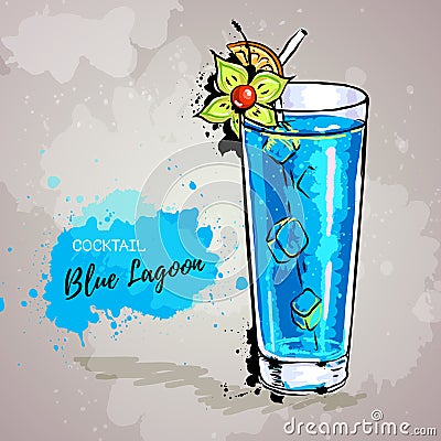 Hand drawn illustration of cocktail blue lagoon Vector Illustration