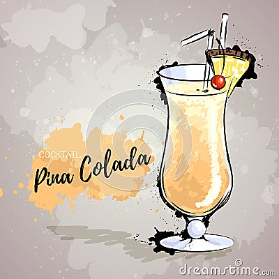 Hand drawn illustration of cocktail pina colada. Vector Illustration
