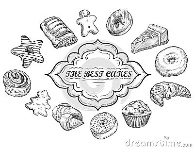 Hand drawn illustration - collection of goodies, sweets, cakes and pastries. Design elements in sketch style for confection Cartoon Illustration