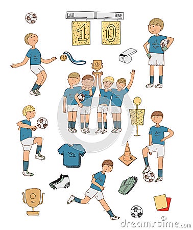 Hand drawn illustration with colorful soccer players, isolated on white background. Football stuff, happy winning team, tra Cartoon Illustration