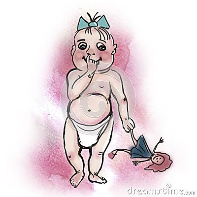 Hand drawn illustration. Confused baby girl. Watercolor texture Cartoon Illustration