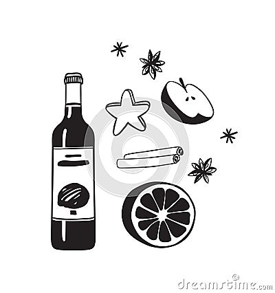 Hand drawn illustration. Creative art work. Actual vector drawing. Mulled wine set: bottle, orange, apple, cinnamon, Cartoon Illustration