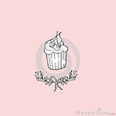 Hand drawn illustration cupcake with cream and fruits on pink background. Cartoon Illustration