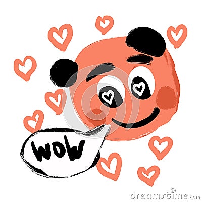 Hand drawn illustration of cute orange black character with wow speech bubble and hearts. Surprise emotion, fall in love Cartoon Illustration