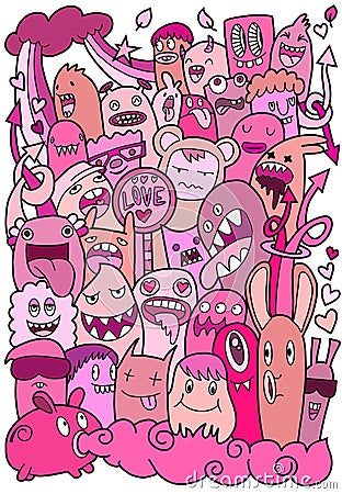 Hand Drawn Illustration of doodle monster valentine.pink color of love Cartoon Illustration