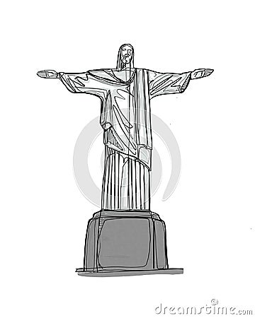 Christ the Redeemer famous statue hand drawn illustration Cartoon Illustration