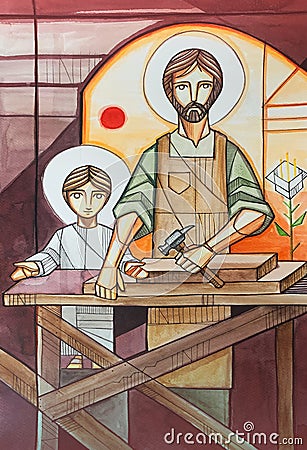 Jesus as child and Saint Joseph working as carpenters Cartoon Illustration