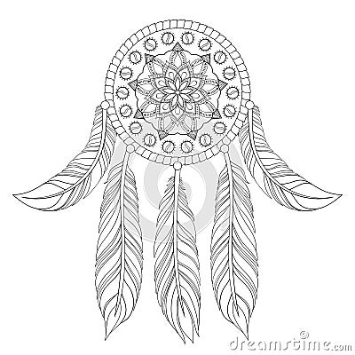 Hand drawn illustration of ethnic dream catcher in zentangle graphic style, native american symbol for greeting Vector Illustration