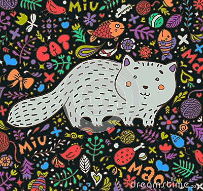 Hand-drawn illustration. A fat gray cat surrounded by flowers, fish, toys and other feline staff. Doodle style. On a Vector Illustration