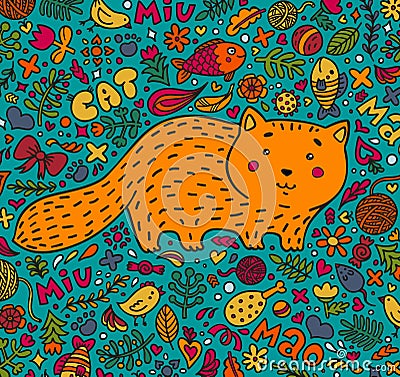 Hand-drawn illustration. A fat red cat surrounded by flowers, fish, toys and other feline staff. Doodle style. On a Vector Illustration