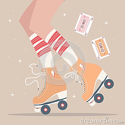 Hand drawn illustration with female legs and tube socks and retro roller skates. Colorful vector Vector Illustration