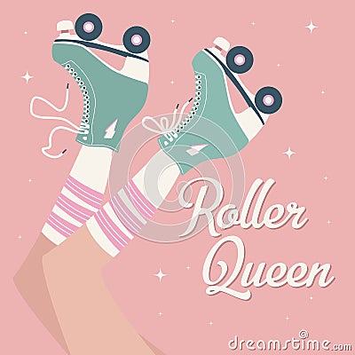 Hand drawn illustration with female legs and tube socks and retro roller skates. Colorful vector Vector Illustration