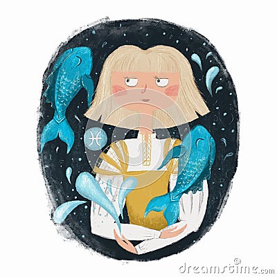 Hand drawn illustration of a girl for the image of the zodiac sign Pisces. Cartoon Illustration