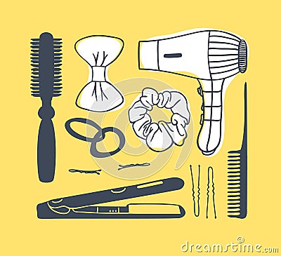 Hand drawn illustration hair tools . Creative ink art work. Actual vector drawing comb. hair dryer, barrette Vector Illustration