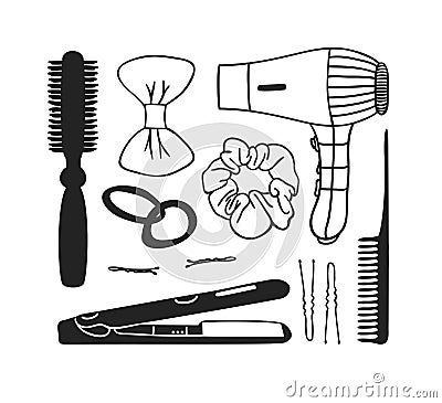 Hand drawn illustration hair tools . Creative ink art work. Actual vector drawing comb. hair dryer, barrette Cartoon Illustration