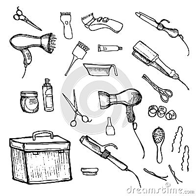 Hand drawn illustration - Hairdressing tools (scissors, combs, styling) Vector Illustration