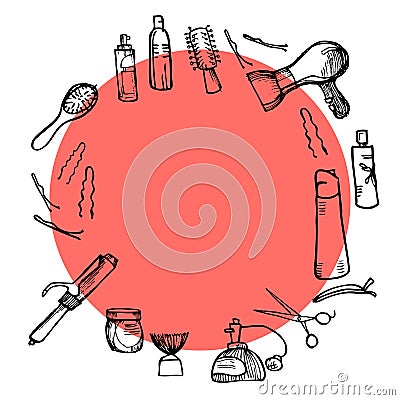 Hand drawn illustration - Hairdressing tools (scissors, combs, styling) Vector Illustration