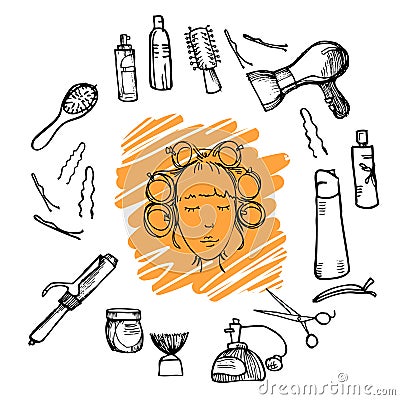 Hand drawn illustration - Hairdressing tools (scissors, combs, styling) and woman with hair rollers Vector Illustration