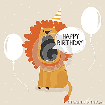 Colorful background, happy lion, air balloons, english text. Happy birthday! greeting card. Decorative cute backdrop with animal Vector Illustration