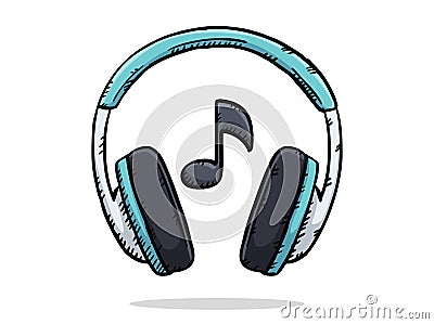 Hand drawn illustration of headphones and note icon. Sketch style vector graphic. Vector Illustration