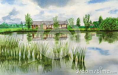 Hand-drawn illustration of house by the pond Stock Photo