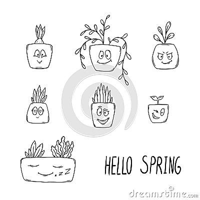 Hand-drawn illustration of houseplant, happy spring plants with faces. Vector Illustration