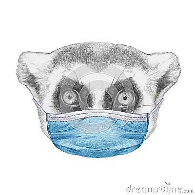 Portrait of Lemur, with a face mask. Hand-drawn illustration. Cartoon Illustration
