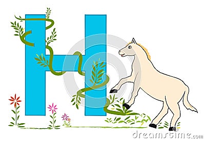 Letter H with green grass vines and cute horse Cartoon Illustration